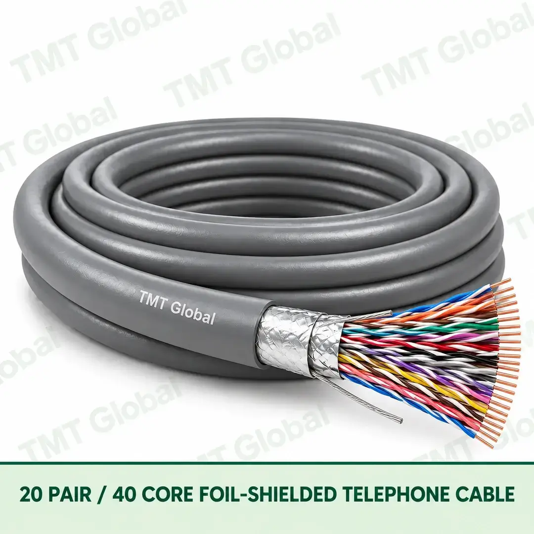 TMT Global 20 Pair 40 Core Foil Shielded Telephone Cable product image showing the cable coil and exposed conductor cutaway. TMT Global 20 Pair 40 Core Foil Shielded Telephone Cable product image showing the cable coil and exposed conductor cutaway.