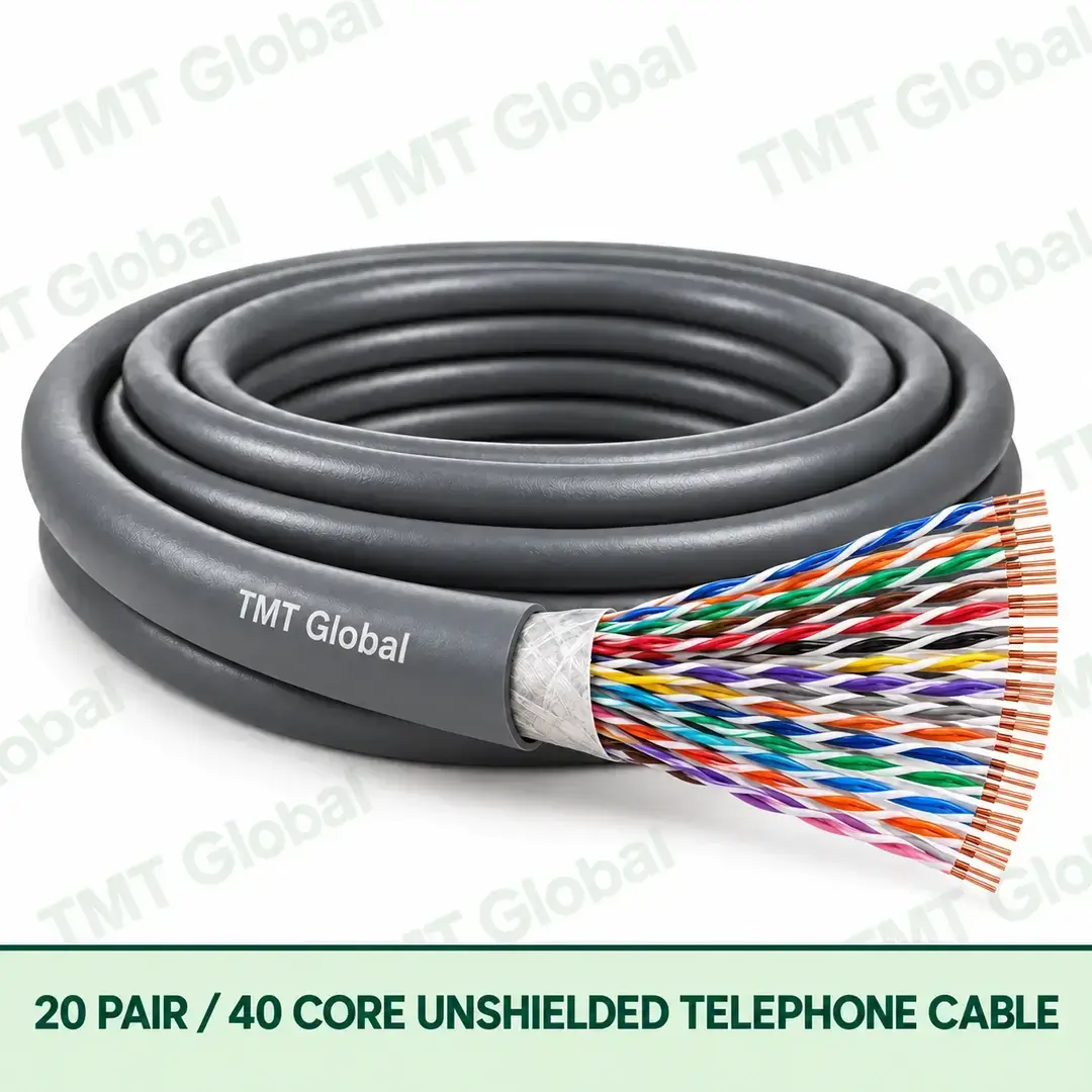 TMT Global 20 Pair 40 Core Unshielded Telephone Cable product image showing the cable coil and exposed conductor cutaway. TMT Global 20 Pair 40 Core Unshielded Telephone Cable product image showing the cable coil and exposed conductor cutaway.