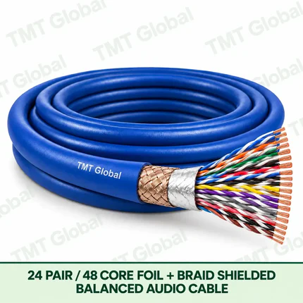 TMT Global 24 Pair 48 Core Foil plus Braid Shielded Balanced Audio Cable product image showing the cable coil and exposed conductor cutaway.