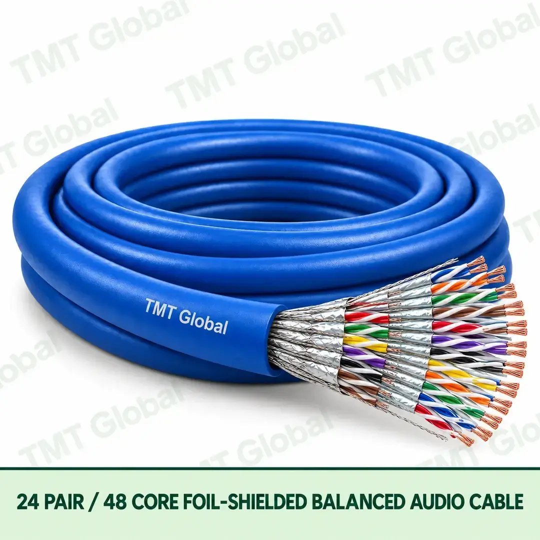 TMT Global 24 Pair 48 Core Foil Shielded Balanced Audio Cable product image showing the cable coil and exposed conductor cutaway. TMT Global 24 Pair 48 Core Foil Shielded Balanced Audio Cable product image showing the cable coil and exposed conductor cutaway.