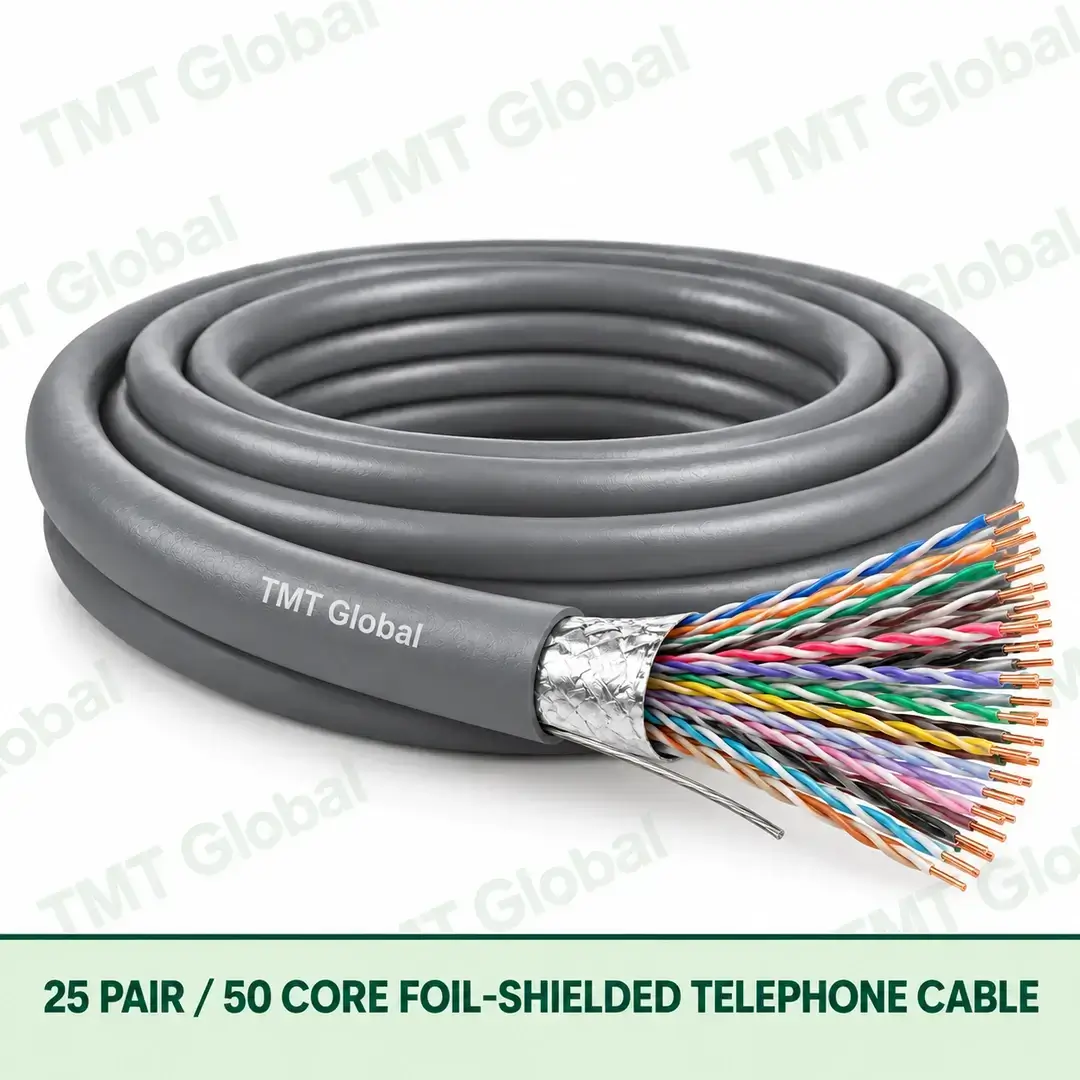TMT Global 25 Pair 50 Core Foil Shielded Telephone Cable product image showing the cable coil and exposed conductor cutaway. TMT Global 25 Pair 50 Core Foil Shielded Telephone Cable product image showing the cable coil and exposed conductor cutaway.