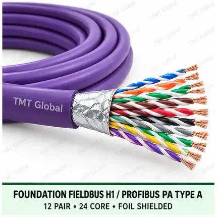 TMT Global 12 pair, 24 core, foil shielded FOUNDATION Fieldbus H1 / PROFIBUS PA Type A Bus Cable, with the protocol, pair count, core count, and shielding visible.
