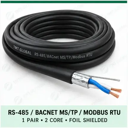 TMT Global 1 pair, 2 core, foil shielded RS-485 / BACnet MS/TP / Modbus RTU Bus Cable, with the protocol, pair count, core count, and shielding visible.