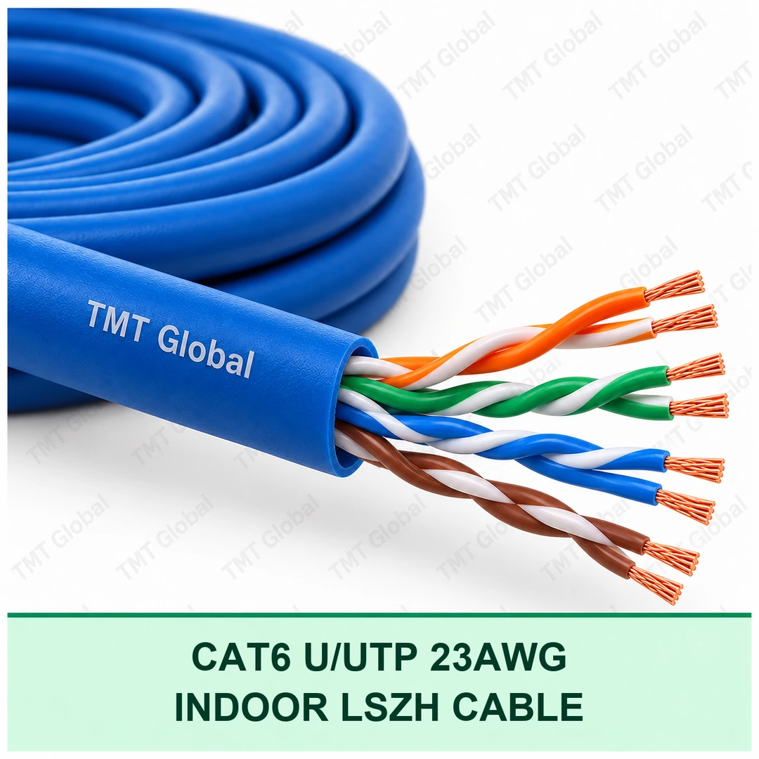 TMT Global CAT6 U/UTP 23AWG indoor LSZH network cable with four visible twisted pairs and eight copper conductor ends. TMT Global CAT6 U/UTP 23AWG indoor LSZH network cable with four visible twisted pairs and eight copper conductor ends.