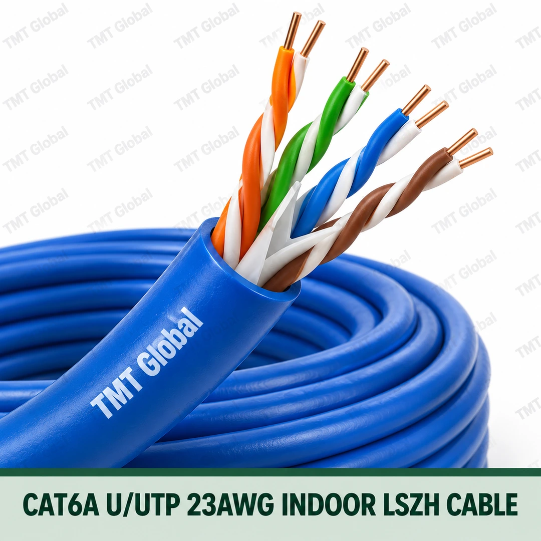 TMT Global CAT6A U/UTP 23AWG indoor LSZH cable with four visible twisted pairs and eight copper conductor ends. TMT Global CAT6A U/UTP 23AWG indoor LSZH cable with four visible twisted pairs and eight copper conductor ends.