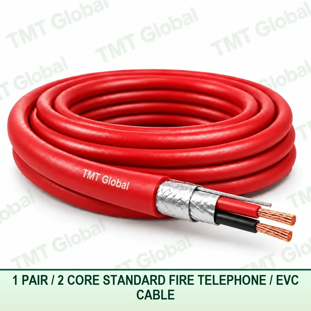 TMT Global 1 pair 2 core standard fire telephone and EVC cable with a red fire-resistant sheath, foil and braid screen, and two copper conductors. TMT Global 1 pair 2 core standard fire telephone and EVC cable with a red fire-resistant sheath, foil and braid screen, and two copper conductors.
