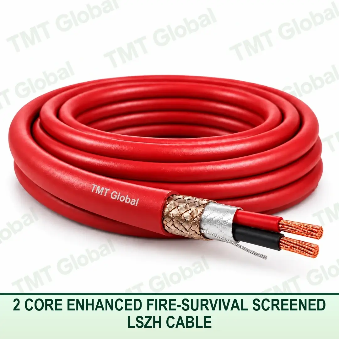TMT Global 2 core enhanced fire-survival screened LSZH cable with red fire-resistant jacket, foil and braid screen, and two copper conductors. TMT Global 2 core enhanced fire-survival screened LSZH cable with red fire-resistant jacket, foil and braid screen, and two copper conductors.