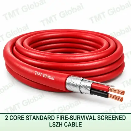 TMT Global 2 core standard fire-survival screened LSZH cable with red fire-resistant jacket, foil and braid screen, and two copper conductors.