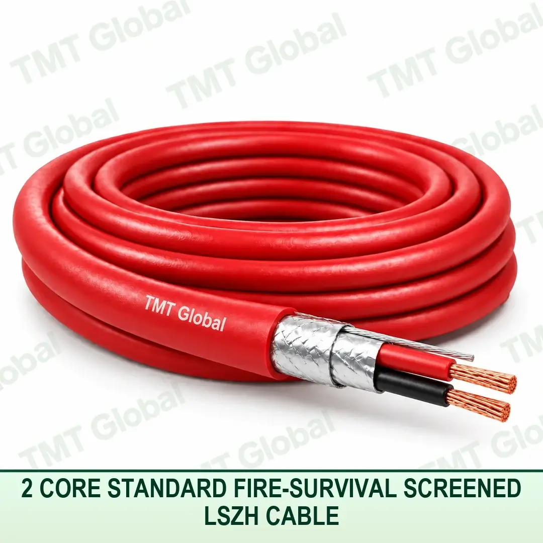 TMT Global 2 core standard fire-survival screened LSZH cable with red fire-resistant jacket, foil and braid screen, and two copper conductors. TMT Global 2 core standard fire-survival screened LSZH cable with red fire-resistant jacket, foil and braid screen, and two copper conductors.