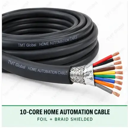 TMT Global 10 core foil + braid shielded home automation cable, with 10 colored copper conductors.