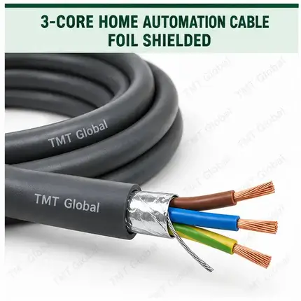 TMT Global 3 core foil shielded home automation cable, with 3 colored copper conductors.