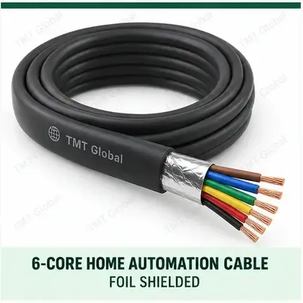 TMT Global 6 core foil shielded home automation cable, with 6 colored copper conductors.