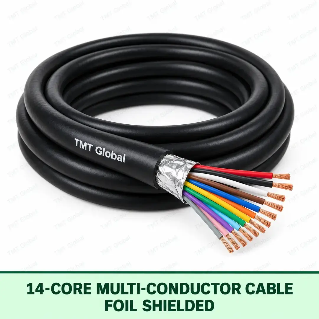 TMT Global 14 core foil shielded multi-conductor cable, with 14 individually insulated copper conductors. TMT Global 14 core foil shielded multi-conductor cable, with 14 individually insulated copper conductors.