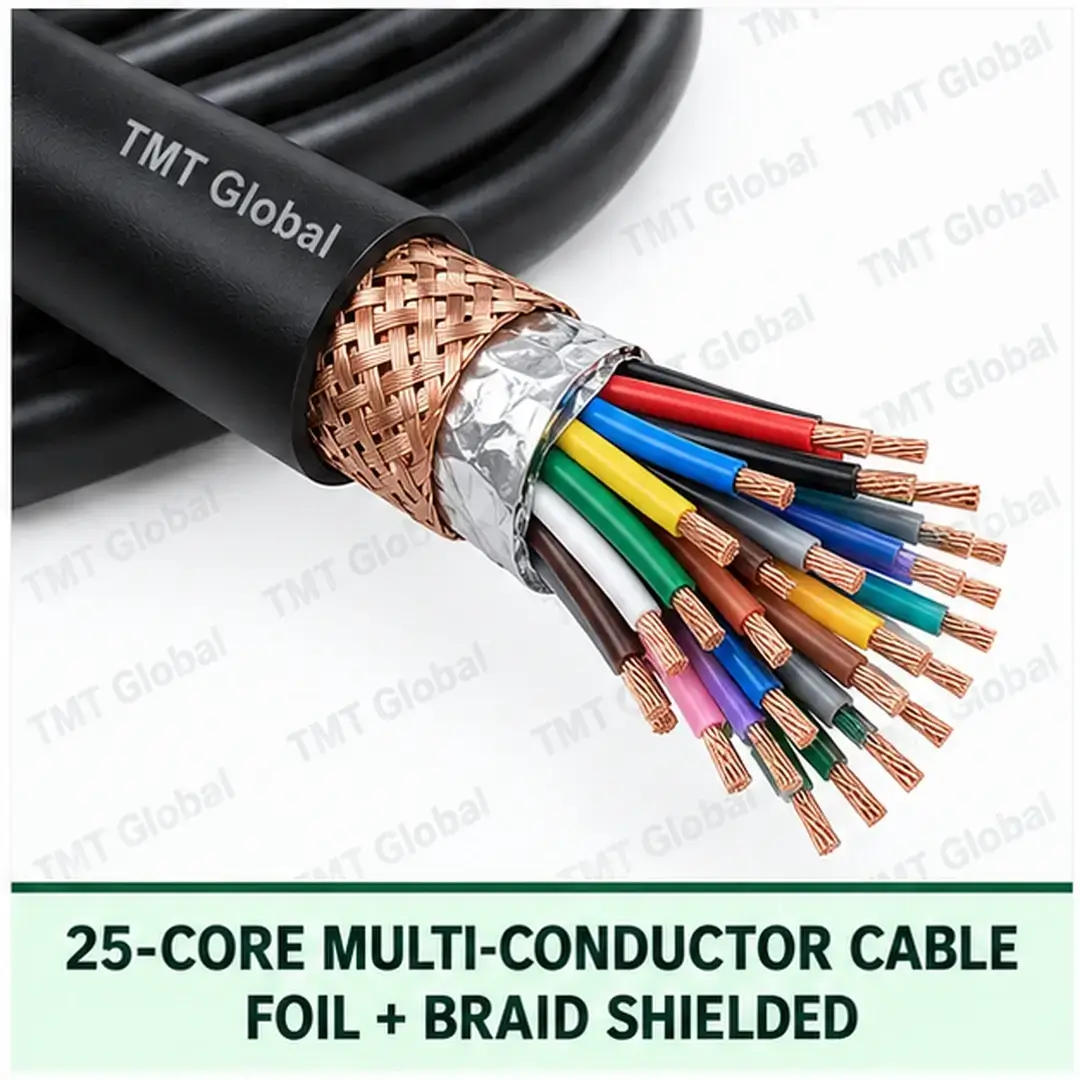 TMT Global 25 core foil + braid shielded multi-conductor cable, with 25 individually insulated copper conductors. TMT Global 25 core foil + braid shielded multi-conductor cable, with 25 individually insulated copper conductors.