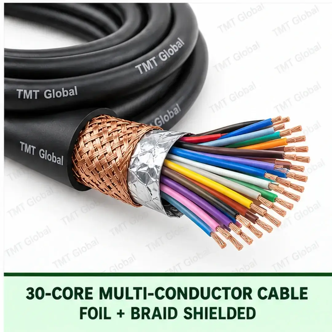 TMT Global 30 core foil + braid shielded multi-conductor cable, with 30 individually insulated copper conductors. TMT Global 30 core foil + braid shielded multi-conductor cable, with 30 individually insulated copper conductors.