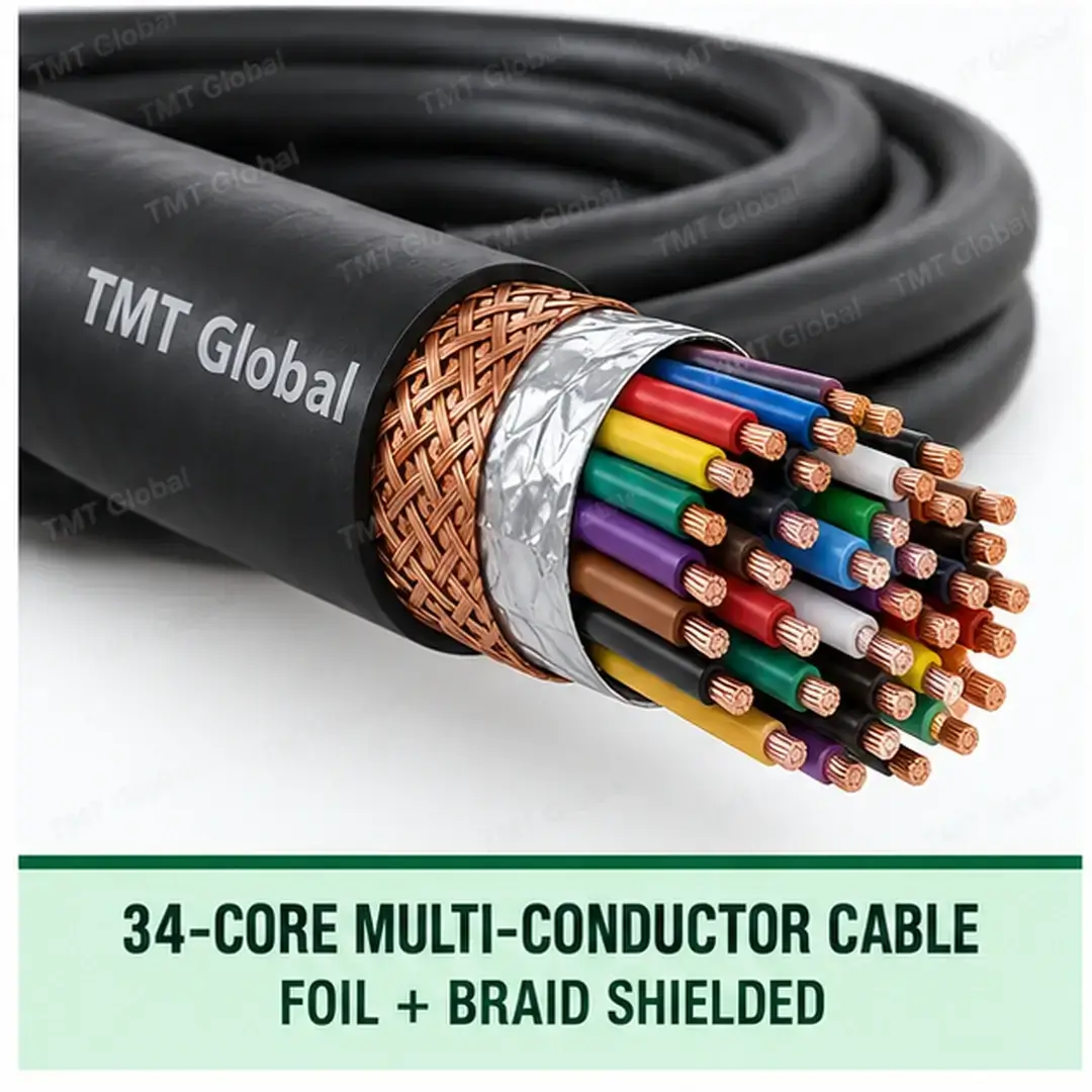 TMT Global 34 core foil + braid shielded multi-conductor cable, with 34 individually insulated copper conductors. TMT Global 34 core foil + braid shielded multi-conductor cable, with 34 individually insulated copper conductors.