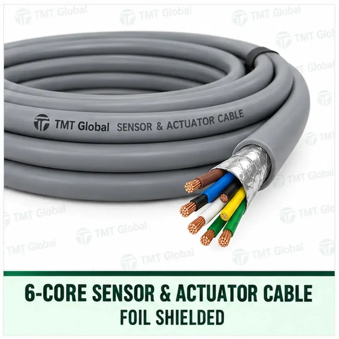 TMT Global 6 core foil shielded sensor and actuator cable, with 6 visible conductors. TMT Global 6 core foil shielded sensor and actuator cable, with 6 visible conductors.