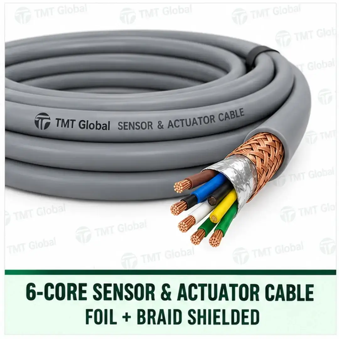 TMT Global 6 core foil and braid shielded sensor and actuator cable, with 6 visible conductors. TMT Global 6 core foil and braid shielded sensor and actuator cable, with 6 visible conductors.