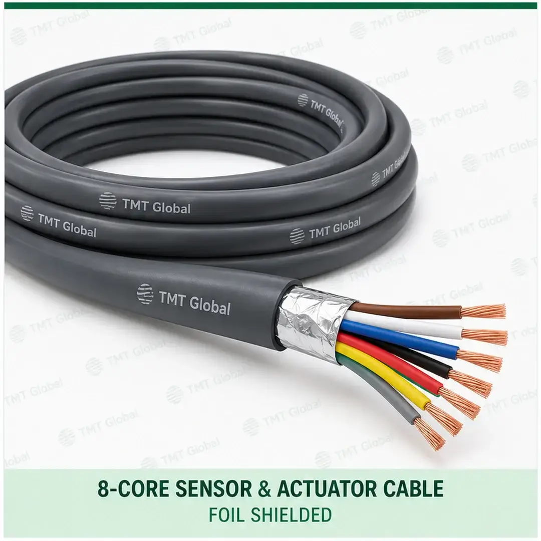 TMT Global 8 core foil shielded sensor and actuator cable, with 8 visible conductors. TMT Global 8 core foil shielded sensor and actuator cable, with 8 visible conductors.