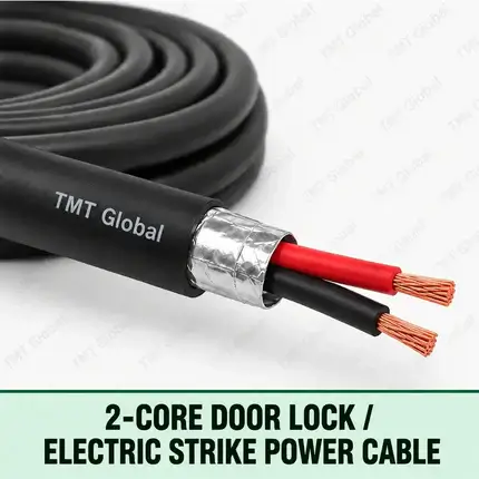 TMT Global 2-Core Door Lock / Electric Strike Power Cable, robust black outer jacket, exactly two heavier red and black insulated stranded copper power conductors, two clear tips, no additional cores.