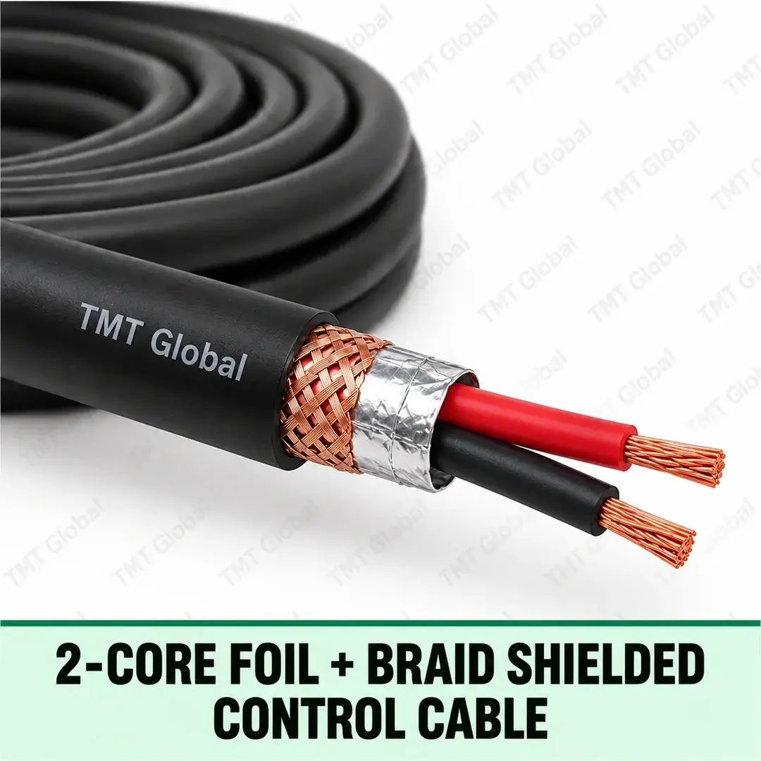 TMT Global 2-Core Foil + Braid Shielded Control Cable, black outer jacket, aluminum foil and woven copper-braid shields beneath the jacket, exactly two insulated copper conductors and two visible tips. TMT Global 2-Core Foil + Braid Shielded Control Cable, black outer jacket, aluminum foil and woven copper-braid shields beneath the jacket, exactly two insulated copper conductors and two visible tips.