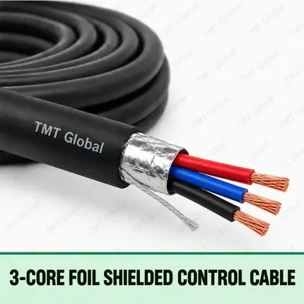 TMT Global 3-Core Foil Shielded Control Cable, black jacket, aluminum foil shield with drain wire, exactly three insulated copper conductors in red, blue and black, three visible tips.