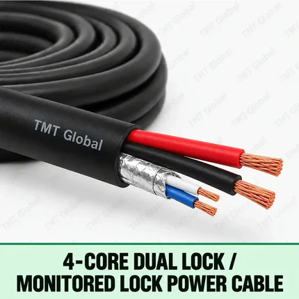 TMT Global 4-Core Dual Lock / Monitored Lock Power Cable, black outer jacket, exactly four copper cores: two heavier lock-power conductors and two smaller monitored-lock signal conductors, all individually insulated and visible, foil screening over the signal cores.