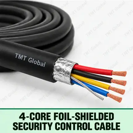 TMT Global 4-Core Foil-Shielded Security Control Cable, black outer jacket with foil screen and drain wire, exactly four colored insulated stranded copper conductors, four visible tips.