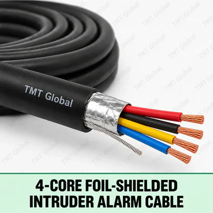 TMT Global 4-Core Foil-Shielded Intruder Alarm Cable, black jacket with foil shield and drain wire, exactly four separately colored insulated stranded copper conductors, four visible tips.