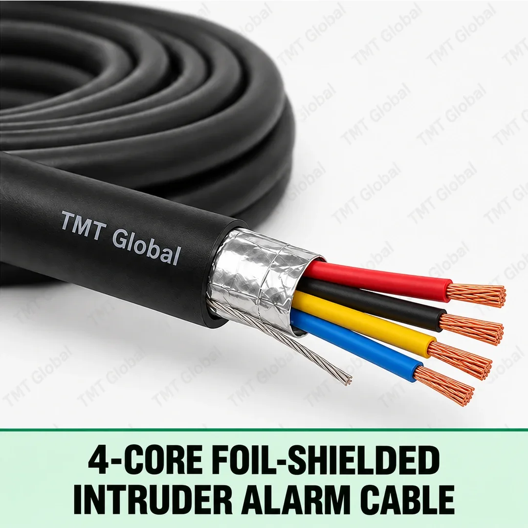 TMT Global 4-Core Foil-Shielded Intruder Alarm Cable, black jacket with foil shield and drain wire, exactly four separately colored insulated stranded copper conductors, four visible tips. TMT Global 4-Core Foil-Shielded Intruder Alarm Cable, black jacket with foil shield and drain wire, exactly four separately colored insulated stranded copper conductors, four visible tips.