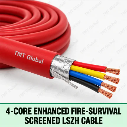 TMT Global 4-Core Enhanced Fire-Survival Screened LSZH Cable, red LSZH fire-resistant outer jacket, foil screen and drain wire, exactly four individually insulated copper conductors in red/yellow/blue/black, four exposed copper tips.