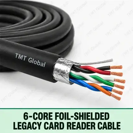 TMT Global 6-Core Foil-Shielded Legacy Card Reader Cable, black jacket, under-jacket foil shield and drain wire, six insulated copper conductors grouped as three twisted color-coded pairs, exactly six tips.