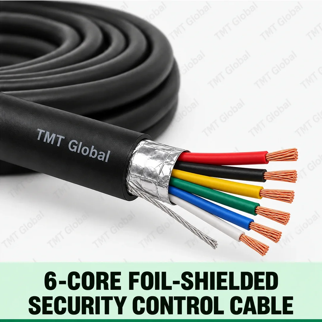 TMT Global 6-Core Foil-Shielded Security Control Cable, black jacket with aluminum foil screen and drain wire, exactly six individually insulated copper conductors, six distinct tips. TMT Global 6-Core Foil-Shielded Security Control Cable, black jacket with aluminum foil screen and drain wire, exactly six individually insulated copper conductors, six distinct tips.