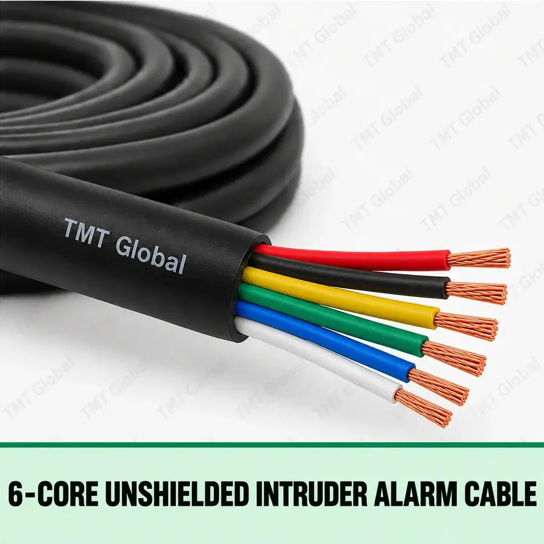 TMT Global 6-Core Unshielded Intruder Alarm Cable, black jacket, no foil or braid, exactly six distinct colored insulated stranded copper conductors and six visible tips. TMT Global 6-Core Unshielded Intruder Alarm Cable, black jacket, no foil or braid, exactly six distinct colored insulated stranded copper conductors and six visible tips.