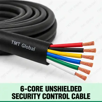 TMT Global 6-Core Unshielded Security Control Cable, black jacket, no foil and no braid, exactly six different colored insulated stranded copper conductors, six exposed tips.