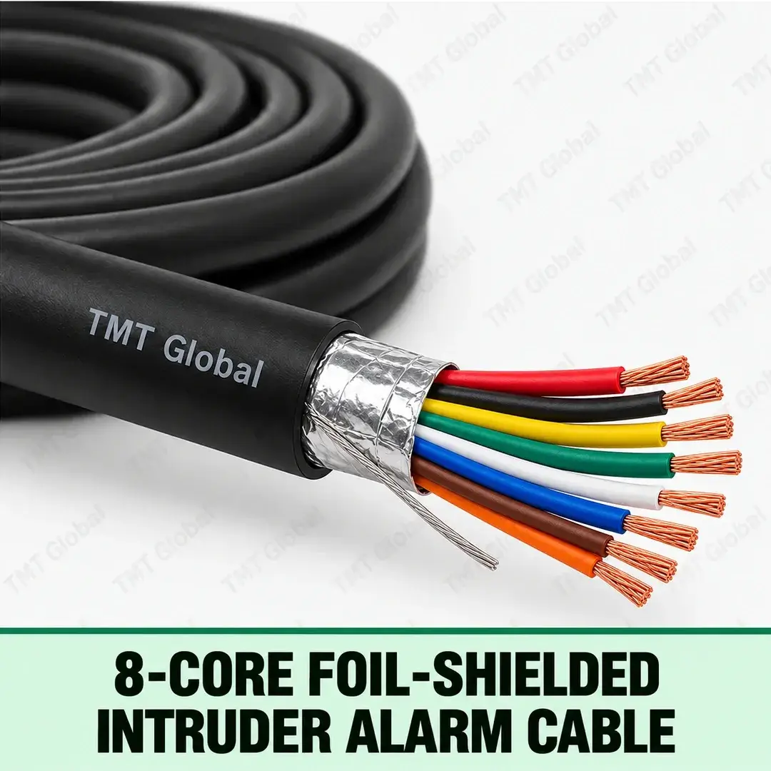 TMT Global 8-Core Foil-Shielded Intruder Alarm Cable, black outer jacket, foil screen and drain wire under jacket, exactly eight colored insulated stranded copper conductors with eight clearly visible tips. TMT Global 8-Core Foil-Shielded Intruder Alarm Cable, black outer jacket, foil screen and drain wire under jacket, exactly eight colored insulated stranded copper conductors with eight clearly visible tips.