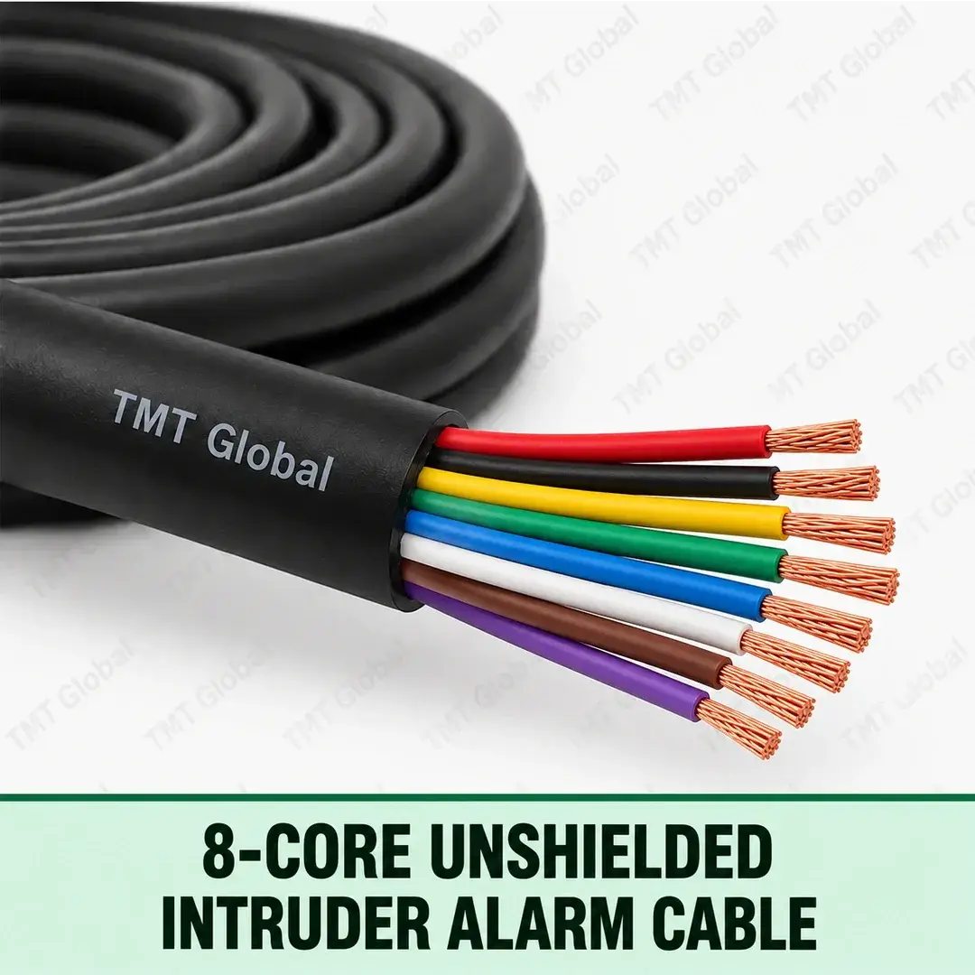 TMT Global 8-Core Unshielded Intruder Alarm Cable, black outer jacket, no foil or braid, exactly eight colored insulated stranded copper conductors, eight visible tips. TMT Global 8-Core Unshielded Intruder Alarm Cable, black outer jacket, no foil or braid, exactly eight colored insulated stranded copper conductors, eight visible tips.