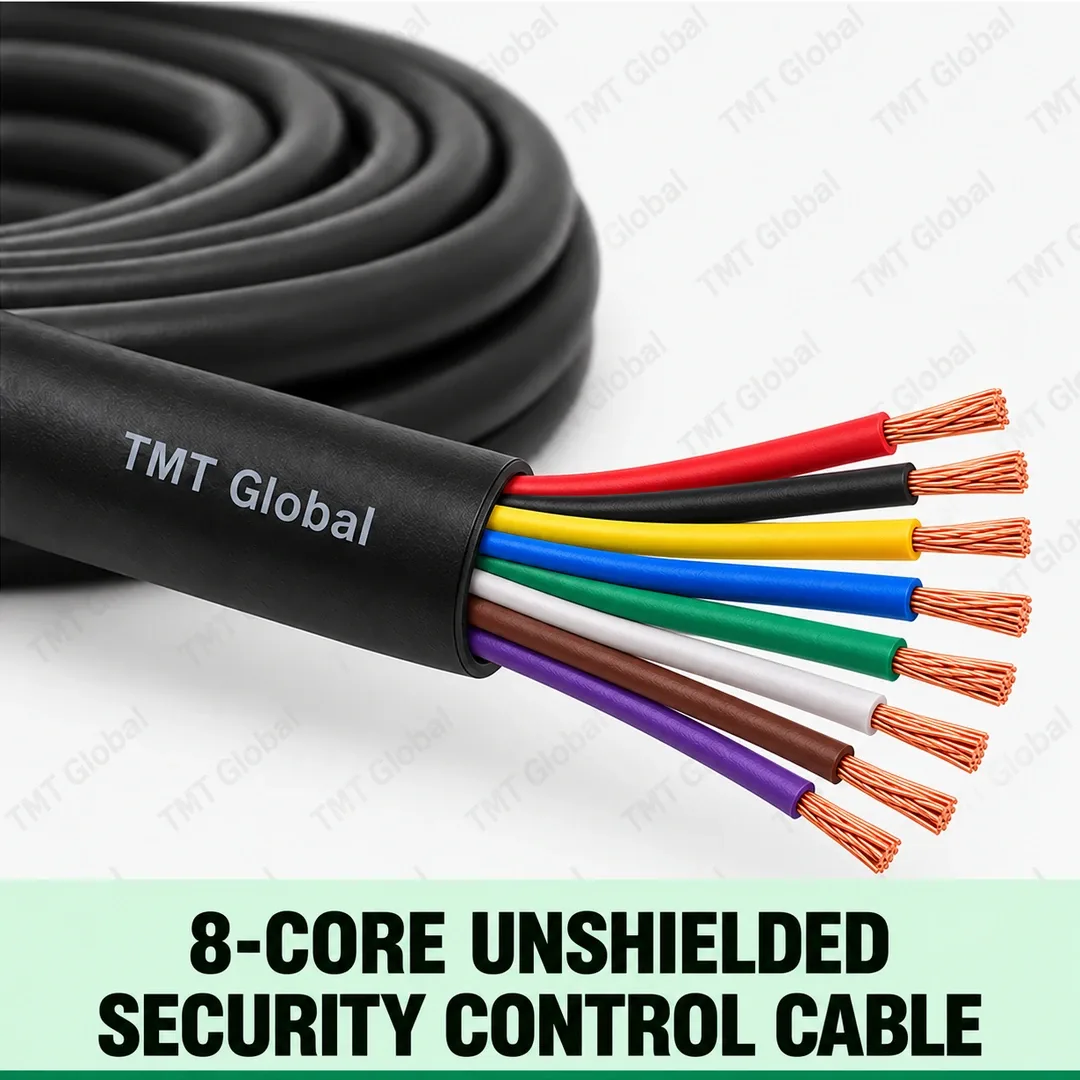 TMT Global 8-Core Unshielded Security Control Cable, black jacket without shielding, exactly eight separate colored insulated stranded copper cores, eight exposed tips. TMT Global 8-Core Unshielded Security Control Cable, black jacket without shielding, exactly eight separate colored insulated stranded copper cores, eight exposed tips.