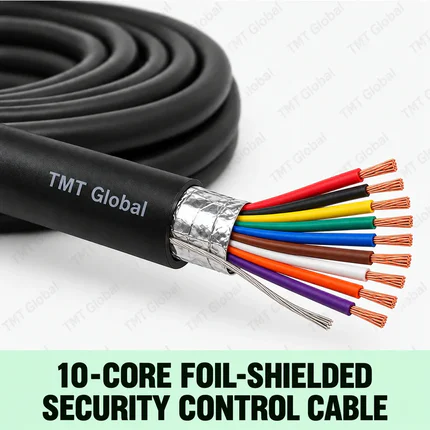 TMT Global 10-Core Foil-Shielded Security Control Cable, black outer jacket, foil screen and drain wire beneath it, exactly ten insulated color-coded copper cores, ten tips clearly visible.