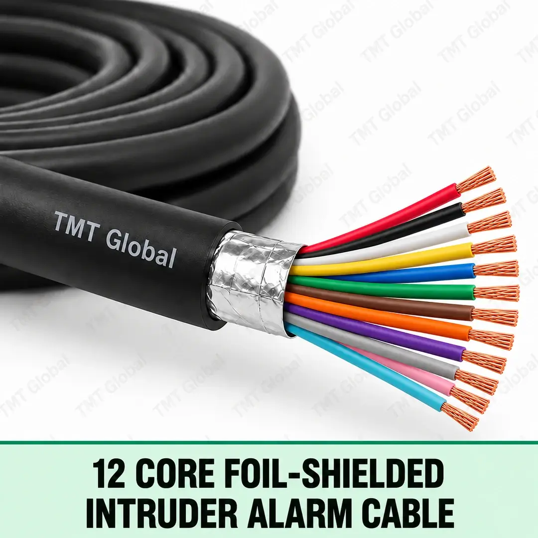 TMT Global 12-core foil-shielded intruder alarm cable with 12 visible copper conductors. TMT Global 12-core foil-shielded intruder alarm cable with 12 visible copper conductors.