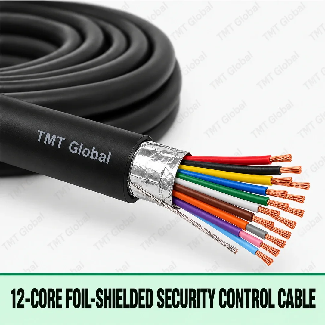 TMT Global 12-Core Foil-Shielded Security Control Cable, black jacket, foil wrap and drain wire, exactly twelve colored insulated stranded copper conductors with twelve individually visible copper tips. TMT Global 12-Core Foil-Shielded Security Control Cable, black jacket, foil wrap and drain wire, exactly twelve colored insulated stranded copper conductors with twelve individually visible copper tips.