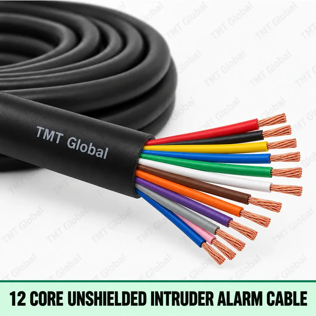 TMT Global 12 Core Unshielded Intruder Alarm Cable, black outer jacket without foil or braid, twelve distinct colored insulated copper conductors and twelve visible copper tips. TMT Global 12 Core Unshielded Intruder Alarm Cable, black outer jacket without foil or braid, twelve distinct colored insulated copper conductors and twelve visible copper tips.