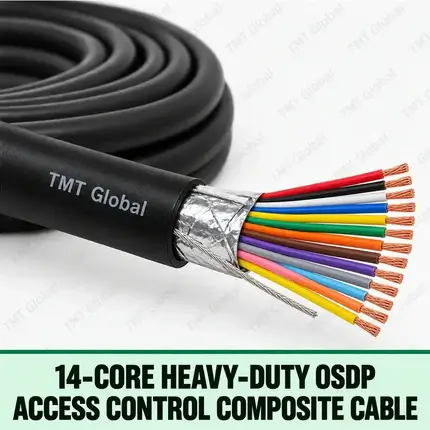 TMT Global 14-Core Heavy-Duty OSDP Access Control Composite Cable, heavy black UV-resistant outer jacket, ripcord, foil shield and drain wire, tightly organized 14 insulated copper conductors in clearly distinguishable colors, exactly fourteen wire tips.