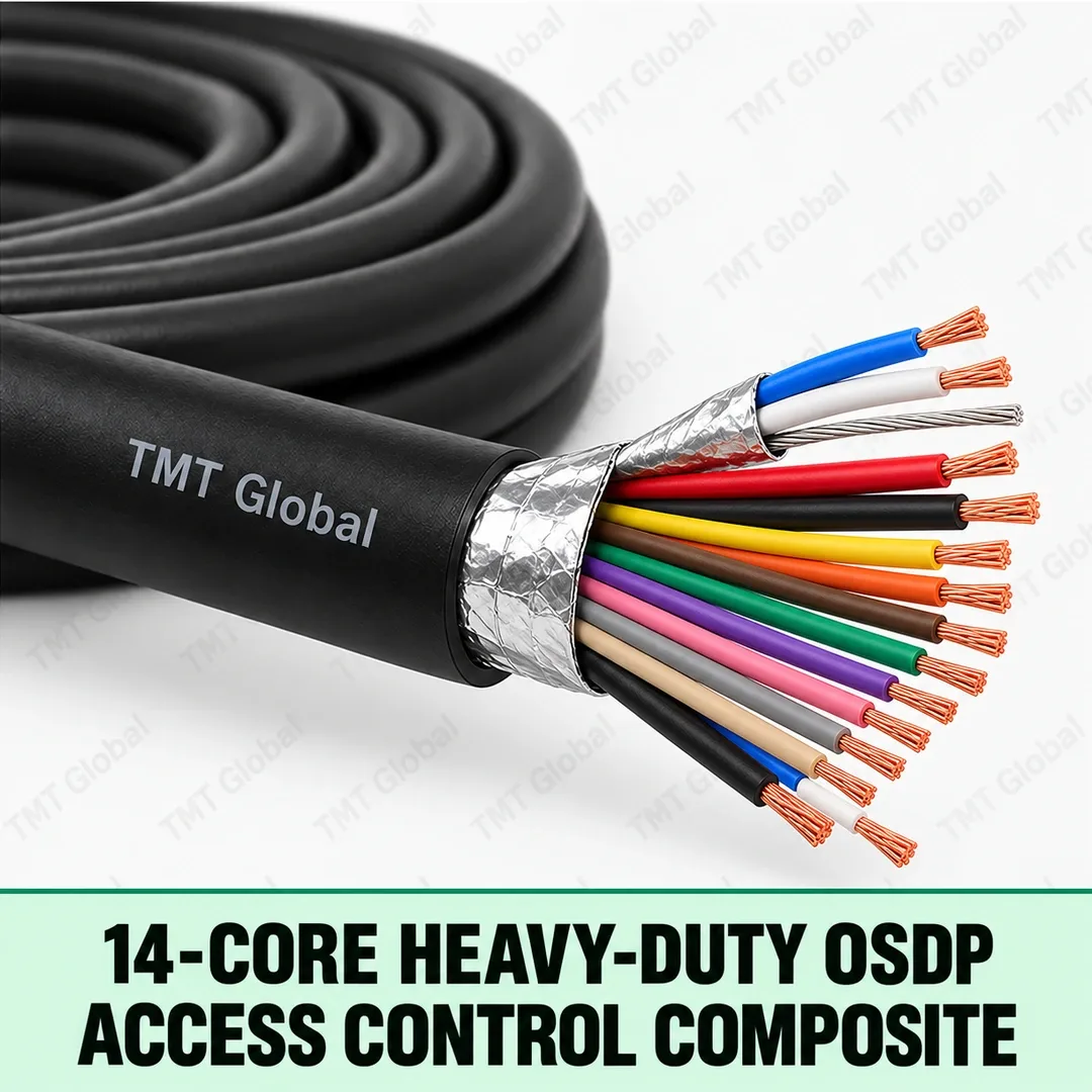 TMT Global 14-Core Heavy-Duty OSDP Access Control Composite, rugged black outer jacket, foil-shielded OSDP data pair with drain wire, grouped reader and lock-power cores, exactly fourteen insulated conductors, heavy-duty proportions. TMT Global 14-Core Heavy-Duty OSDP Access Control Composite, rugged black outer jacket, foil-shielded OSDP data pair with drain wire, grouped reader and lock-power cores, exactly fourteen insulated conductors, heavy-duty proportions.