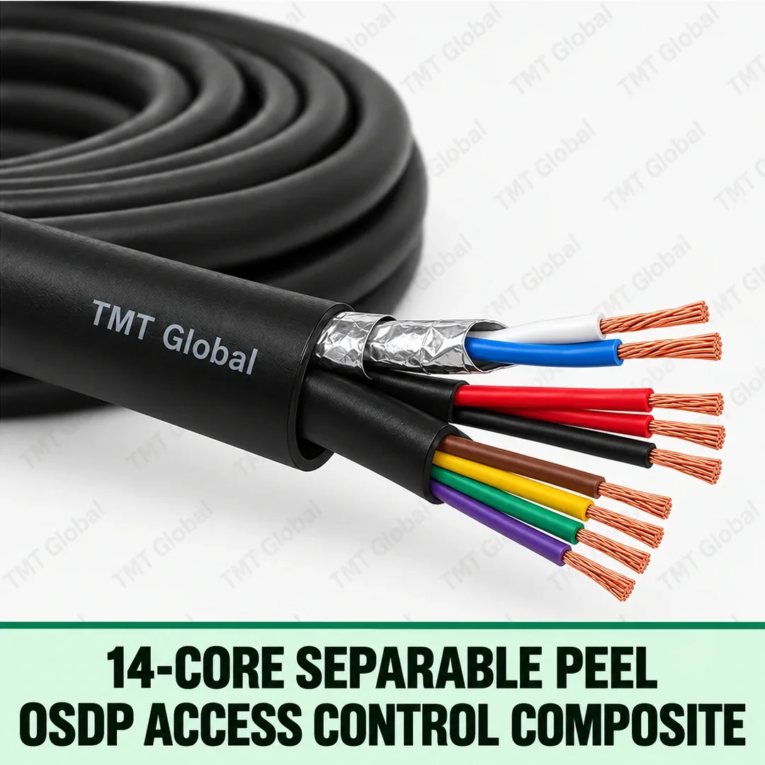 TMT Global 14-Core Separable Peel OSDP Access Control Composite, black composite access-control cable with peelable/separable parallel subcables, foil-shielded OSDP data pair and separated reader/lock power groups, exactly fourteen insulated copper conductor tips. TMT Global 14-Core Separable Peel OSDP Access Control Composite, black composite access-control cable with peelable/separable parallel subcables, foil-shielded OSDP data pair and separated reader/lock power groups, exactly fourteen insulated copper conductor tips.