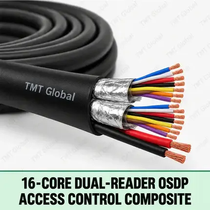 TMT Global 16-Core Dual-Reader OSDP Access Control Composite, black jacket with two clearly separated reader cable groups, each with foil-screened data pair and power conductors, plus lock power group, exactly sixteen insulated copper cores total.