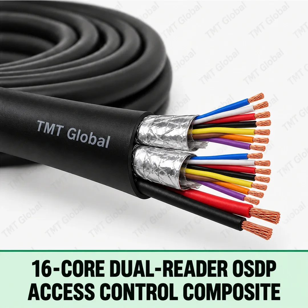 TMT Global 16-Core Dual-Reader OSDP Access Control Composite, black jacket with two clearly separated reader cable groups, each with foil-screened data pair and power conductors, plus lock power group, exactly sixteen insulated copper cores total. TMT Global 16-Core Dual-Reader OSDP Access Control Composite, black jacket with two clearly separated reader cable groups, each with foil-screened data pair and power conductors, plus lock power group, exactly sixteen insulated copper cores total.