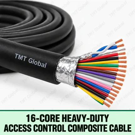 TMT Global 16-Core Heavy-Duty Access Control Composite Cable, heavy-duty black outer jacket, foil-screened data pair plus separate power and control cores, exactly sixteen distinct insulated copper conductors, sixteen clean visible wire tips.