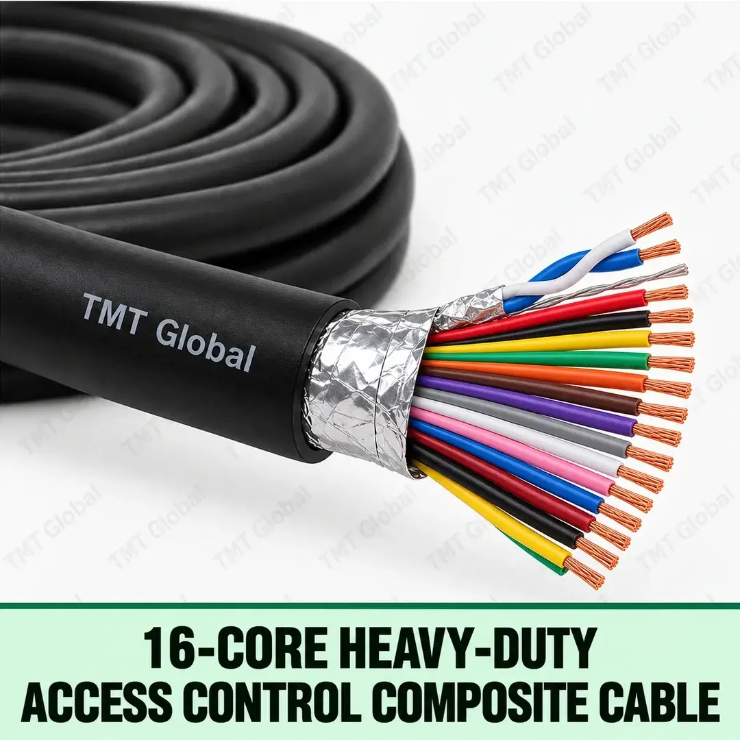 TMT Global 16-Core Heavy-Duty Access Control Composite Cable, heavy-duty black outer jacket, foil-screened data pair plus separate power and control cores, exactly sixteen distinct insulated copper conductors, sixteen clean visible wire tips. TMT Global 16-Core Heavy-Duty Access Control Composite Cable, heavy-duty black outer jacket, foil-screened data pair plus separate power and control cores, exactly sixteen distinct insulated copper conductors, sixteen clean visible wire tips.