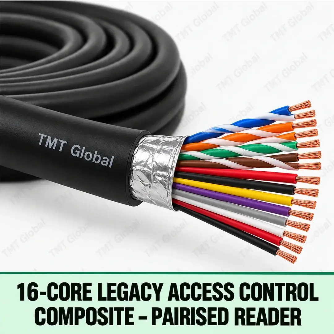 TMT Global 16-Core Legacy Access Control Composite – Pairised Reader, black jacket with pairised reader conductors grouped as twisted pairs and separate lock/power conductors, exactly sixteen individually insulated copper conductor tips, foil-screen reader pair bundle. TMT Global 16-Core Legacy Access Control Composite – Pairised Reader, black jacket with pairised reader conductors grouped as twisted pairs and separate lock/power conductors, exactly sixteen individually insulated copper conductor tips, foil-screen reader pair bundle.